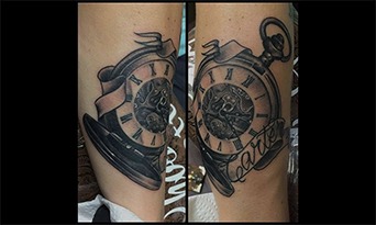 Black and Grey Clock Tattoo - Eric Jones - Tattoo Artist - Chosen Art Tattoo