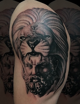 Black and Grey Shoulder Nemian Lion Tattoo by Eric Jones - Chosen Art Tattoo