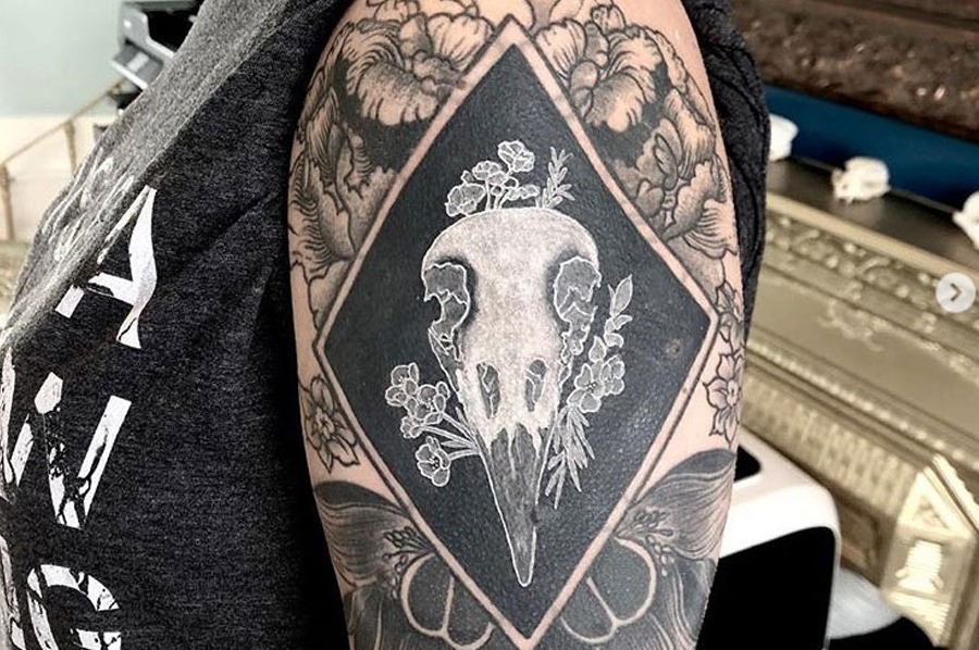 Black and White Animal Skull Tattoo with Flowers - Black Tattoo With White Ink - Chosen Art Tattoo