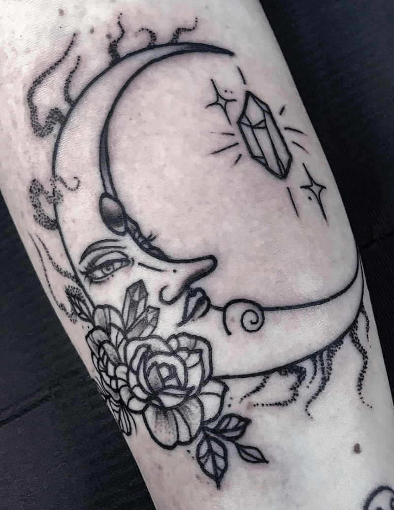 Black Line Work - Moon with Flowers Tattoo - Alex Ortagus - Chosen Art Tattoo