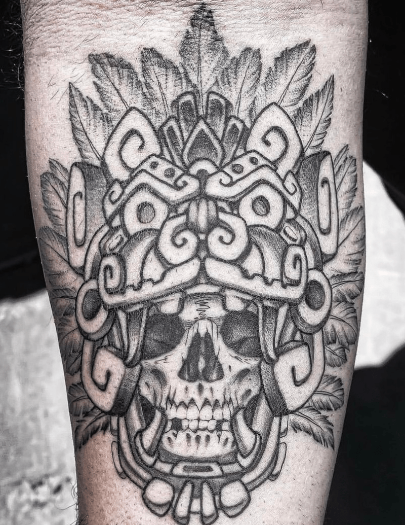 Traditional Tattoo Style - Black Line Work - Aztec Skull Tattoo - Alex Ortagus - Chosen Art Tattoo